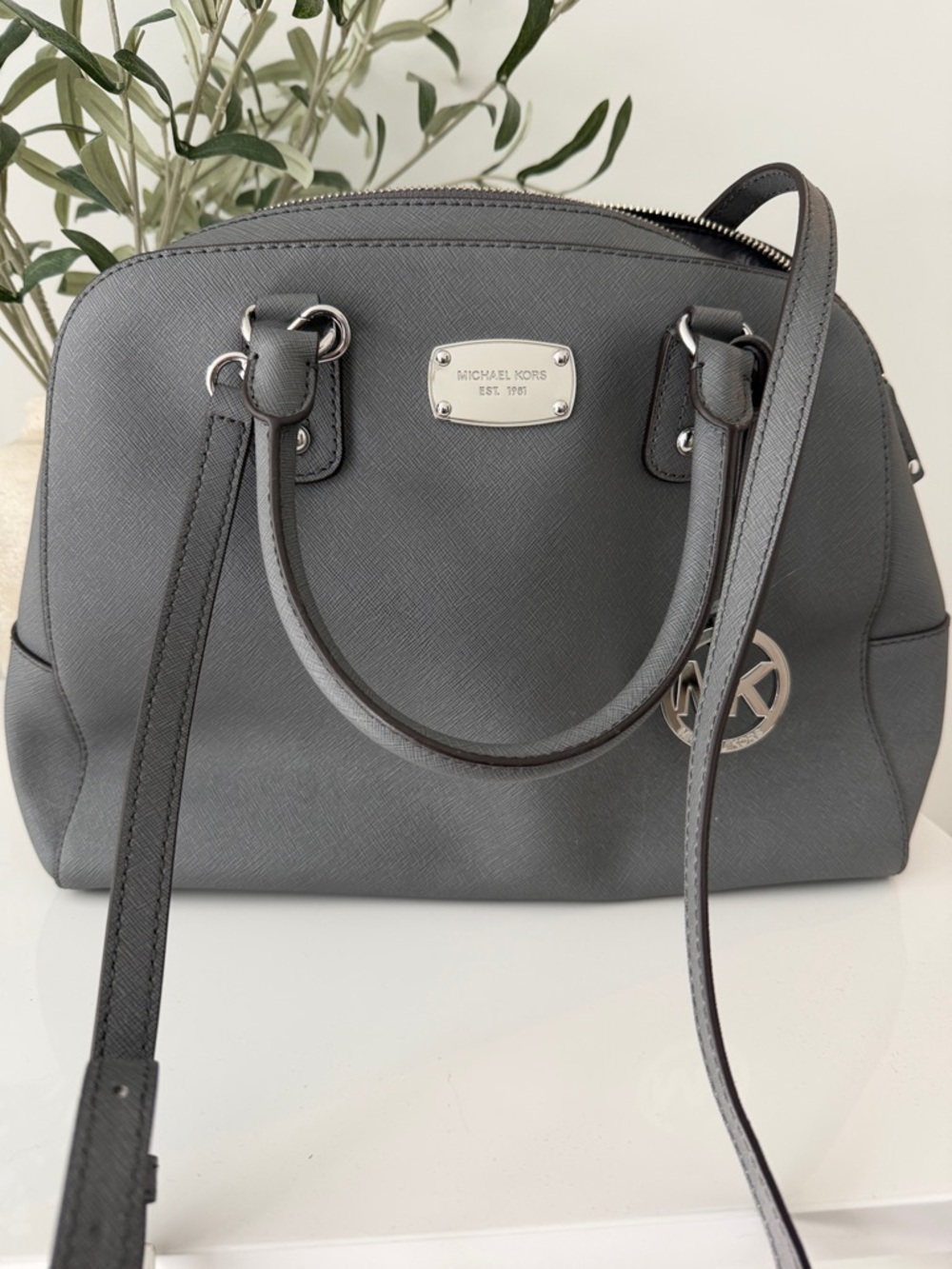 Michael Kors Charcoal Saffiano Dome Satchel with MK Charm